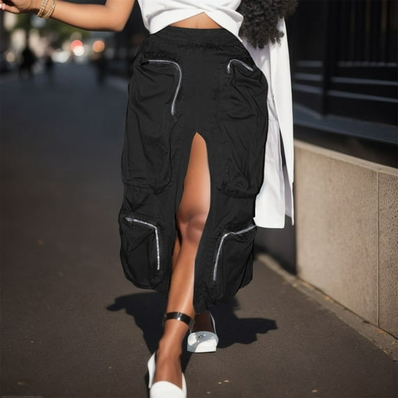 Womens Solid Color Large Pocket Work Dress Half Skirt Large Pocket Elastic Waist Split Half Skirt Skater Skirt Womens Mini Skirt Skirts for Women Skirt Hanger Girls Skirts Plaid Midi Skirts for Women