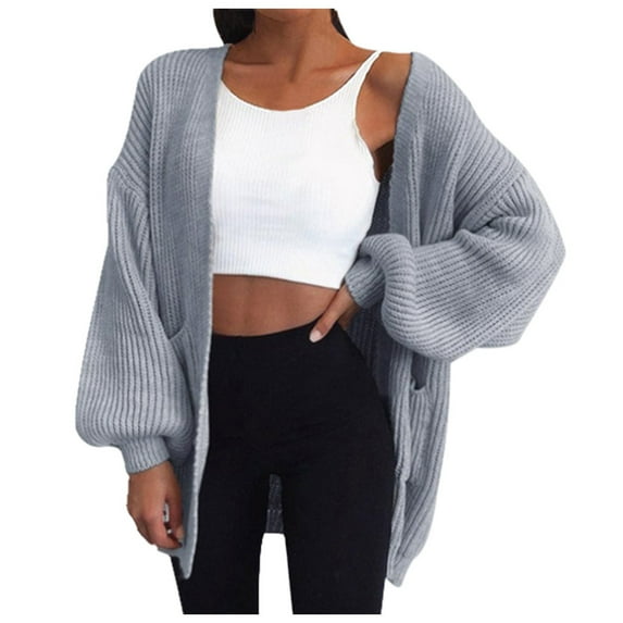 Womens Solid Color Lightweight Loose Sweaters Long Sleeve Open Front Cardigan Ribbed Knit Outerwear Tops