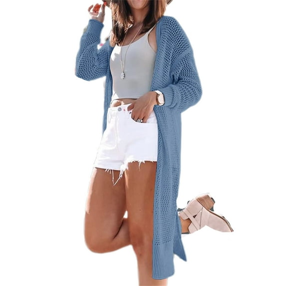 Womens Solid Color Long Sleeve Open Front Knit Sheer Cardigans Lightweight Kimono Long Sweater