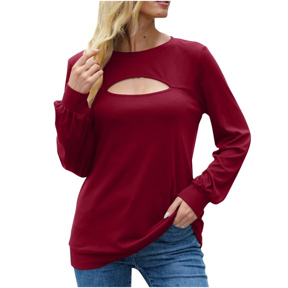 Womens Solid Color Long Sleeve Round Neck Hollow Out Tops Shirts Dressy Casual Basic Fall Tunic Tees Tops Blouses