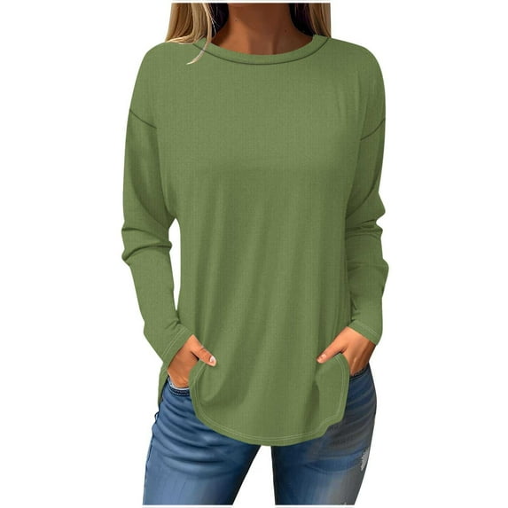 Womens Solid Color Long Sleeve Shirt Round Neck Tops Casual Loose Fit Tshirt Classic-Fit Pullover Tees