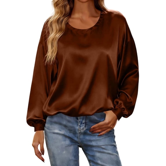 Womens Solid Color Long Sleeve Tee Effortless Everyday Casual Wear Soft Relaxed Fit Crewneck Top with Cozy Comfort Brown XXL