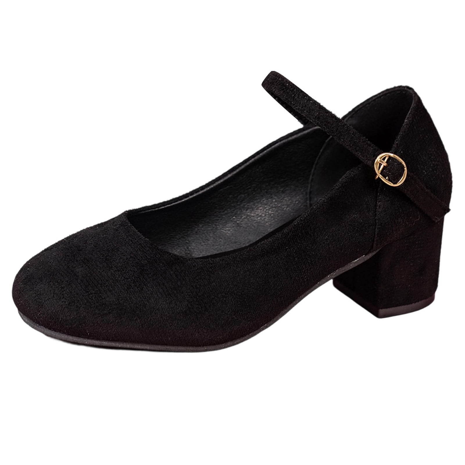 Womens Solid Color Mary Jane Pumps Rounded Toe Buckle Strap Block Heel ...