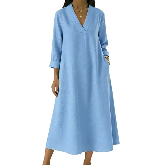 Womens Solid Color Maxi Dresses Casual Loose Fit V Neck 3/4 Sleeve A Line Linen Long Dress Light Blue