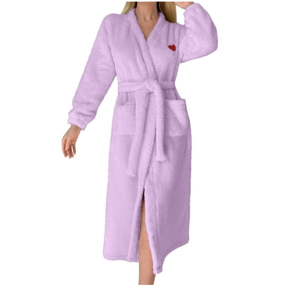 Womens Solid Color Nightgown Winter Loose Warm Thick Thick Long Velvet Bathrobe Home Wear Nightgown Purple S