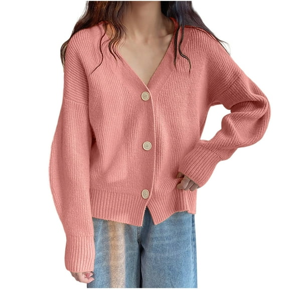 Womens Solid Color Open Front Knit Cardigan Lightweight Simple Long Sleeve V-Neck Button Down Cardigan
