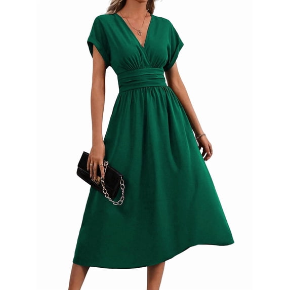 Womens Solid Color Overlap V Neck Batwing Sleeve Waist Pleated Long Elegant Dress Maxi Green S