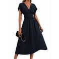 thumbnail image 1 of Womens Solid Color Overlap V Neck Batwing Sleeve Waist Pleated Long Elegant Dress Maxi Navy Blue XL, 1 of 10
