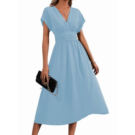 Womens Solid Color Overlap V Neck Batwing Sleeve Waist Pleated Long Elegant Dress Maxi S