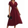 thumbnail image 1 of Womens Solid Color Overlap V Neck Batwing Sleeve Waist Pleated Long Elegant Dress Maxi Wine Red L, 1 of 10