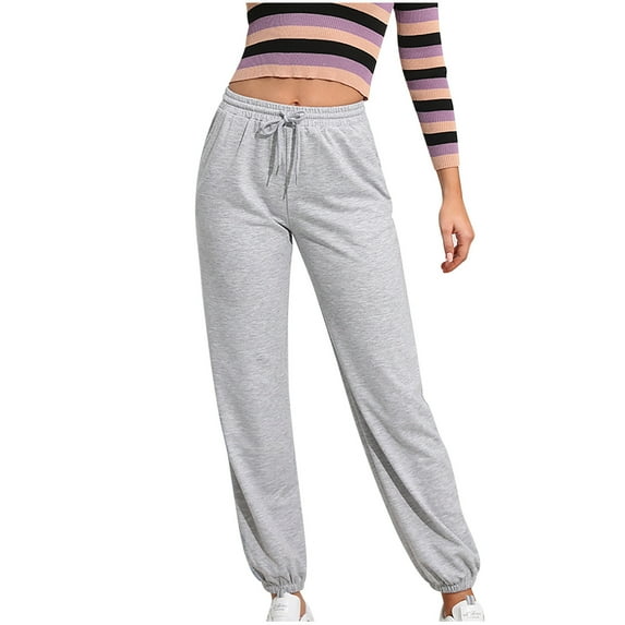 Womens Solid Color Pants Casual Outdoor Drawstring Elastic High Waisted Jogger Sweatpants (X-Large, Gray)