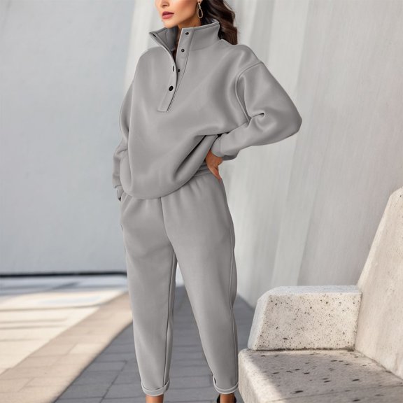 Womens Solid Color Pants Pocket Long Sleeve Sweater Set Fashion Button Standing Collar Button Sweater Set Two Piece Set Knit Warm up Pants Dressy Pant Suits for A Wedding Guest Sweaters Outfits Womens