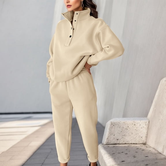 Womens Solid Color Pants Pocket Long Sleeve Sweater Set Fashion Button Standing Collar Button Sweater Set Two Piece Set Knit Warm up Pants Dressy Pant Suits for A Wedding Guest Sweaters Outfits Womens