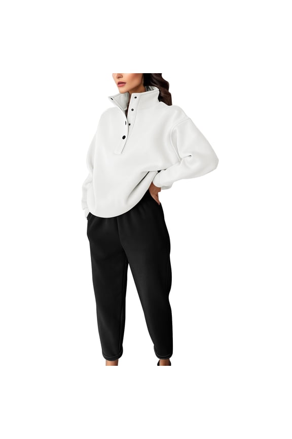 Womens Solid Color Pants Pocket Long Sleeve Sweater Set Fashion Button Standing Collar Button Sweater Set Two Piece Set