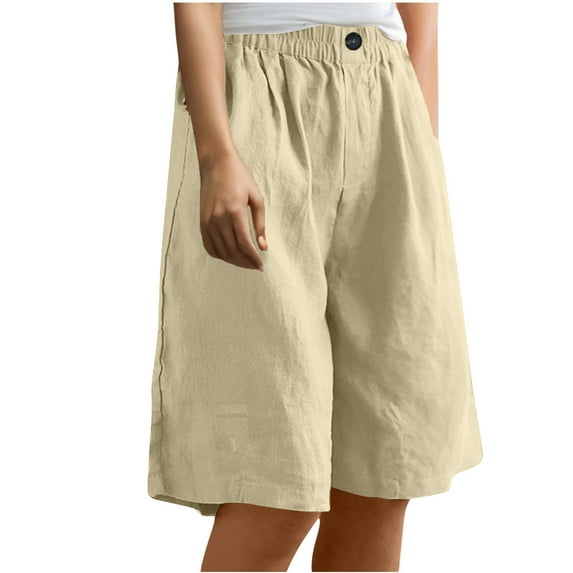 Womens Solid Color Pants Women's Summer Cotton Linen Shorts, Loose Fitting Bermuda Shorts, Elastic Waist Knee Length Baggy Shorts, Beach Vocation Short Pants with Pocket Beige S