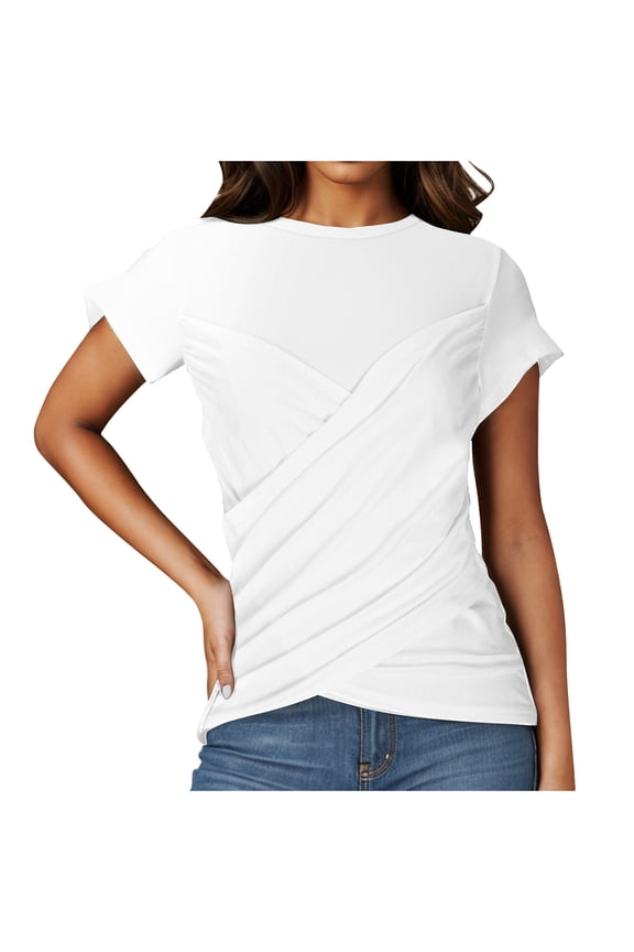 Womens Solid Color Pleated Yoga Top Round Neck Short Sleeve Slim Fit Shirt 2025 Workout Comfort Stretchy Breathable