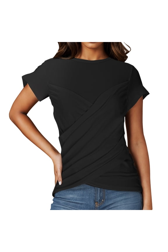 Womens Solid Color Pleated Yoga Top Round Neck Short Sleeve Slim Fit Shirt 2025 Workout Comfort Stretchy Breathable