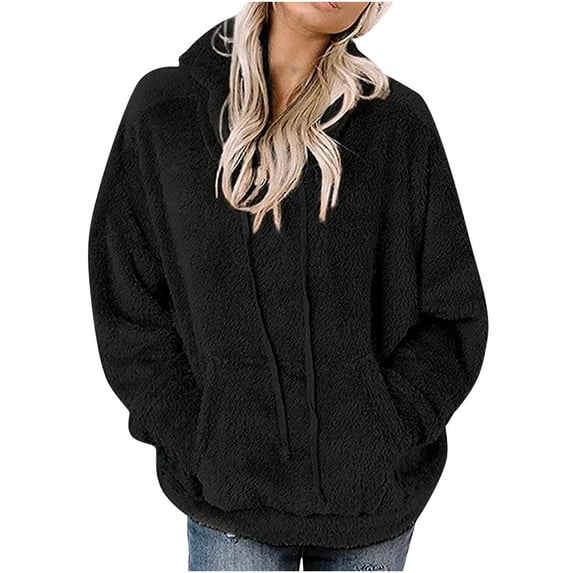 Womens Solid Color Plush Hoodies Drawstring Long Sleeve Warm Pullover Winter Loose Casual Sweater Tops with Pockets