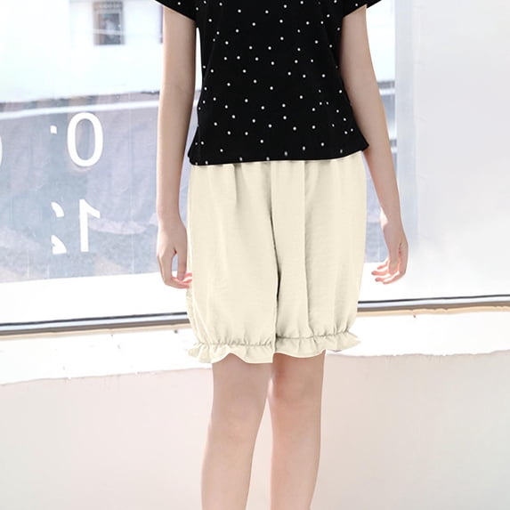 Womens Solid Color Pumpkin Shorts Elastic Waist Ruffled Lace Trim Bloomers Security Shorts