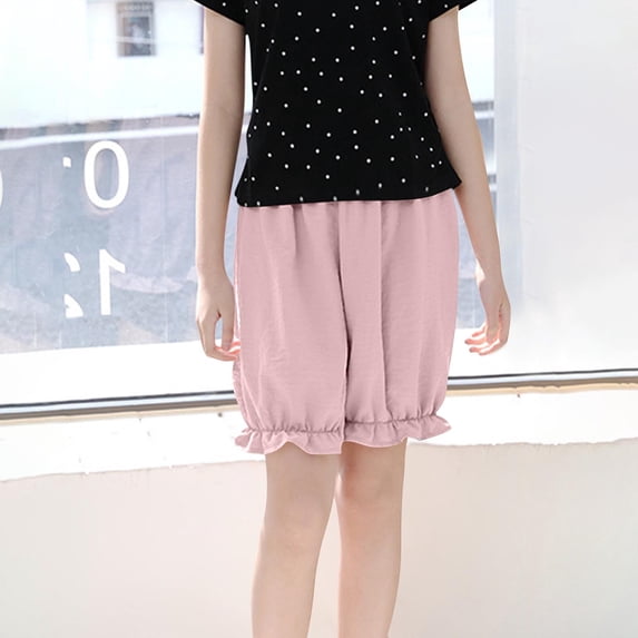 Womens Solid Color Pumpkin Shorts Elastic Waist Ruffled Lace Trim Bloomers Security Shorts