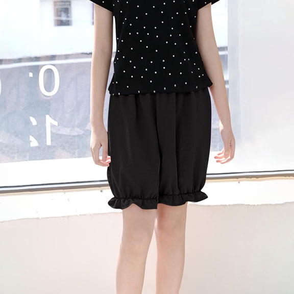 Womens Solid Color Pumpkin Shorts Elastic Waist Ruffled Lace Trim Bloomers Security Shorts