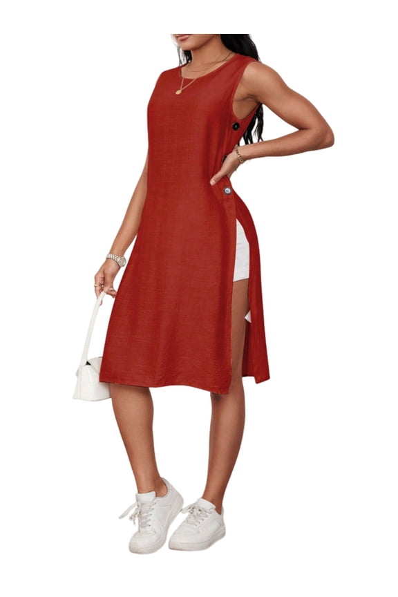 Womens Solid Color Round Neck Button Front Side Slit Sleeveless Tank Dress Casual Summer Wear Red XXL