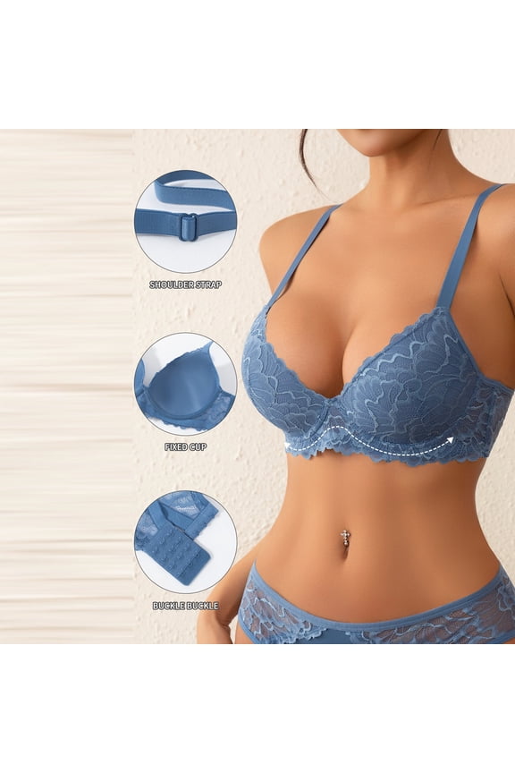 Womens Solid Color Seamless Push-Up Bras - Racerback Wirefree Breathable Soft Fabric V-Neck Adjustable Back Closure Sexy Daily Blue