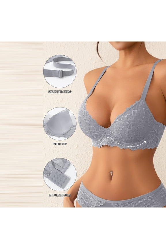 Womens Solid Color Seamless Push-Up Bras - Racerback Wirefree Breathable Soft Fabric V-Neck Adjustable Back Closure Sexy Daily Gray