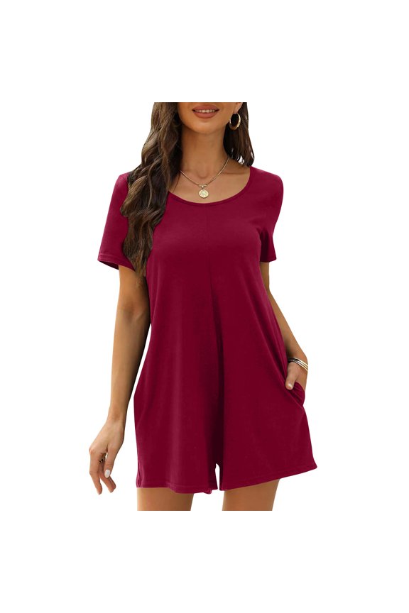 Womens Solid Color Short Sleeved Round Neck Waistband Backless Short Sleeved Jumpsuit
