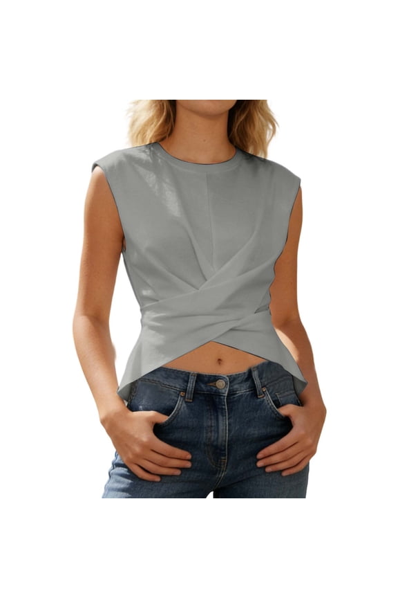 Womens Solid Color Sleeveless Crewneck Crop Top Twist Front Cross Wrap Ruched Waist Casual T Shirt For Daily Wear Going Out
