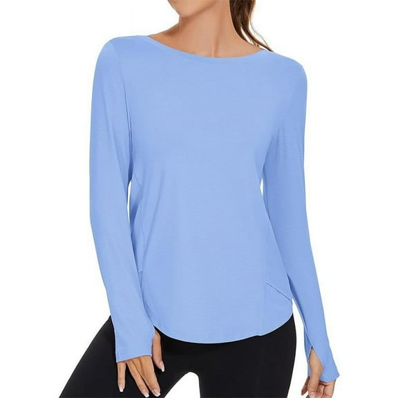 Womens Solid Color Sports Yoga Long Sleeve Sun Protection Round Neck Top Activewear Workout Shirt