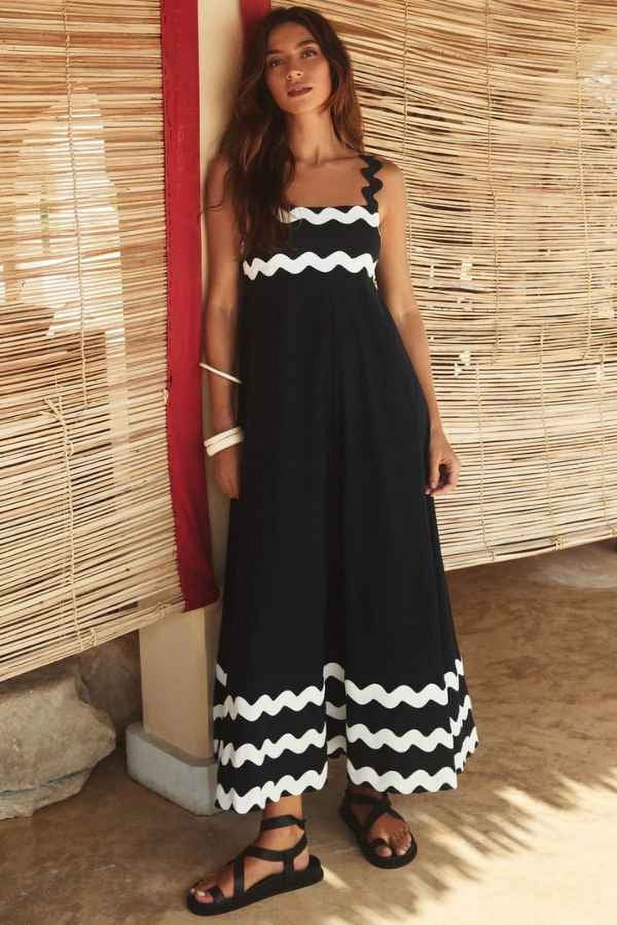Womens Solid Color Square Neck Wave Detail Sleeveless Maxi Dress (L ...