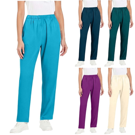 Womens Solid Color Straight Leg Long Pants Elastic Waist with Side Pockets Soft Work Casual Wear
