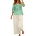 thumbnail image 1 of Womens Solid Color Summer Embroidered V Neck Three Quarter Sleeve Top and Wide Leg Pants Two Piece Set Beach Green XXL, 1 of 4