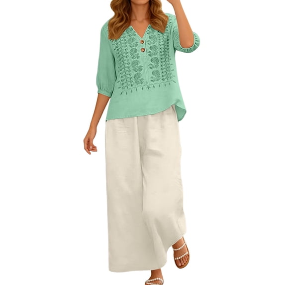 Womens Solid Color Summer Embroidered V Neck Three Quarter Sleeve Top and Wide Leg Pants Two Piece Set Beach Green XXL
