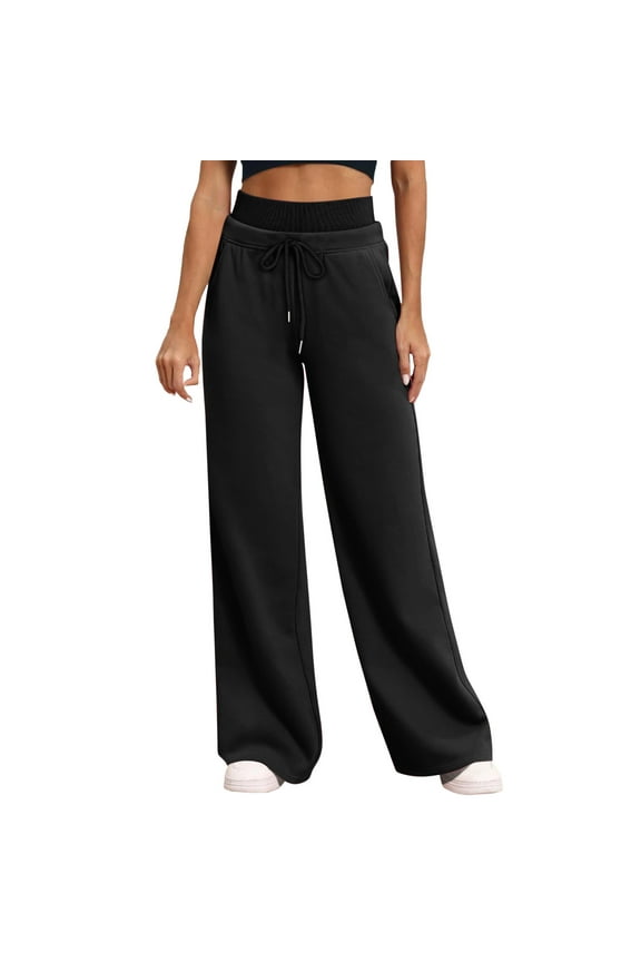 Womens Solid Color Sweatpants Double Waist Loose Wide Leg Pants High Waisted Baggy Stretchy Wide Leg Pants Fleece Thermal Athletic Joggers Sweatpant with Pockets