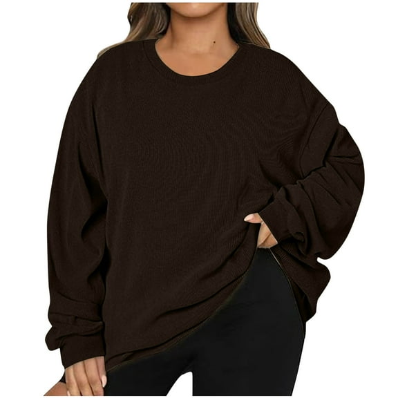 Womens Solid Color Sweatshirt Lightweight Casual Crew Neck Long Sleeve Sweatshirts Brown M
