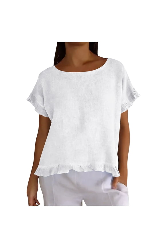 Womens Solid Color T Shirts Cute Ruffle Short Sleeve Crewneck Casual Cotton Linen Tops Summer Fashion Clothes White M(M)