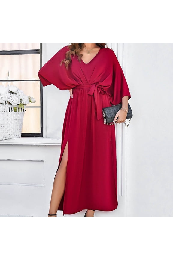Womens Solid Color Temperament Slim V Neck Dress Bodycon Formal Wedding Guest Midi Dresses Summer Wrap Dresses Summer Women Petite Dress Casual Maxi Dresses for Women Womens Dress Clothes Casual Long