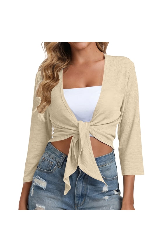 Womens Solid Color Tie Knot Bolero Cardigan Summer Long Sleeve Lightweight Open Front Cover Up Crop Tops Beige L(L)