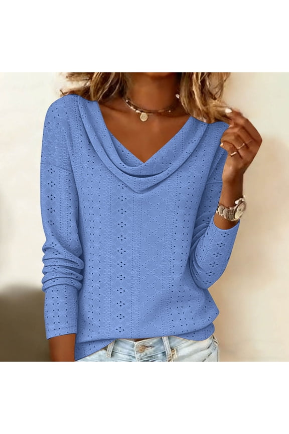 Womens Solid Color Tunic Top - Crew Neck Long Sleeve Flounce Pleated Collar Regal Clasp Elegant Soft Breathable Luxe Classic Everyday Fashion Wear Blue L