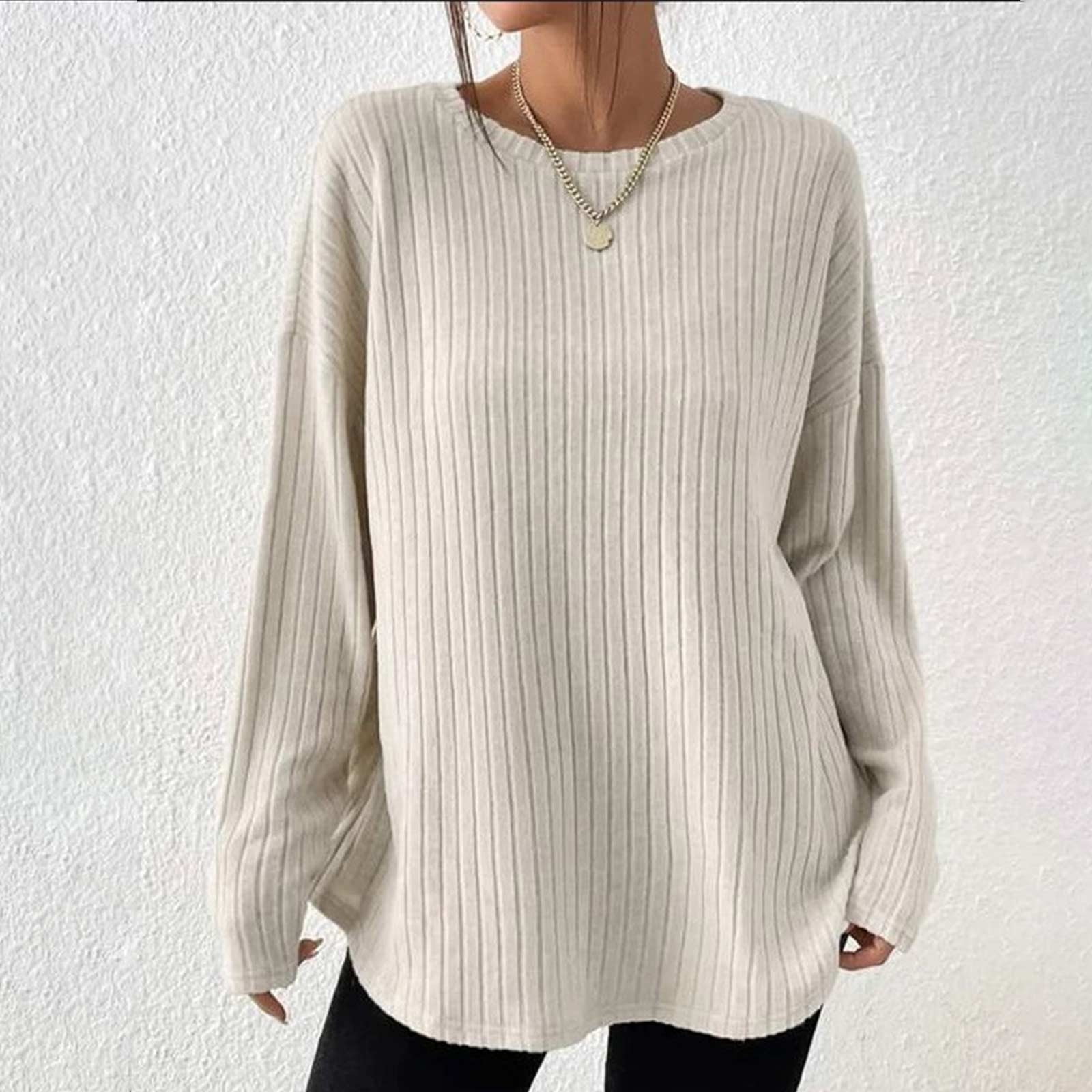 Womens Solid Color Tunic Tops Long Sleeve Crewneck Sweatshirt Knit High Low Curved Hem T-Shirts Casual Loose Pullover