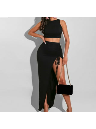 Womens Sexy Plus Size 2 Piece Outfits - Slim Short Sleeve Crop Tops Skinny  High Waist Maxi Long Skirts Set Clubwear