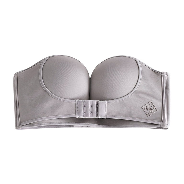 Womens Solid Color Underwear Strapless Non Slip Adjustment No Steel Ring  Bra F Cup Grey_002 90F
