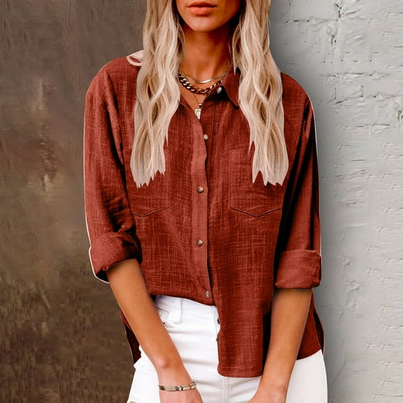 Womens Solid Color V Neck Loose Blouse Long Sleeve Casual Work Tunic With Pocket