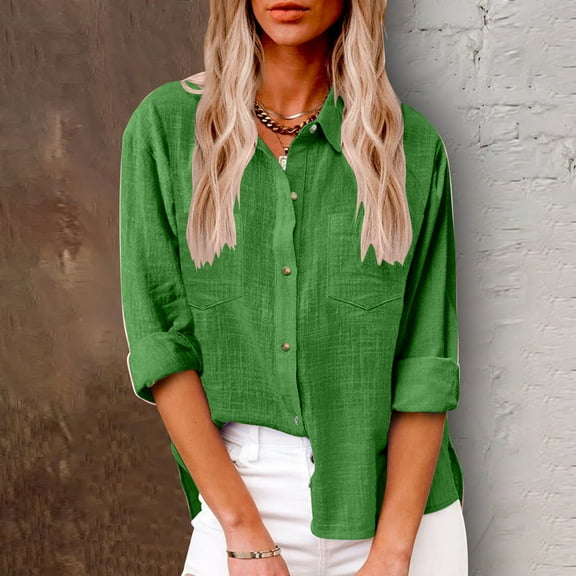 Womens Solid Color V Neck Loose Blouse Long Sleeve Casual Work Tunic with Pocket