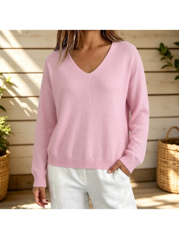 Womens Solid Color V Neck Pullover Sweater, Long Sleeve Ribbed Cuff and Hem Soft Cotton V Neck Pullover Sweater Women, Solid Color V Neck Work Business Sweater for Fall Winter Spring Pink
