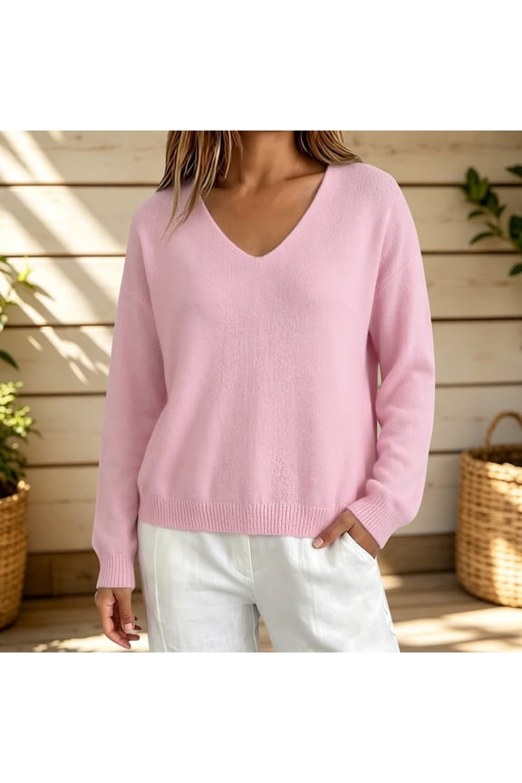 Womens Solid Color V Neck Pullover Sweater, Long Sleeve Ribbed Cuff and Hem Soft Cotton V Neck Pullover Sweater Women, Solid Color V Neck Work Business Sweater for Fall Winter Spring Pink