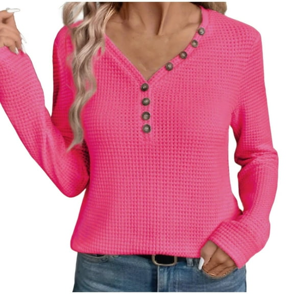 Womens Solid Color Waffle Knit Tunic Tops Casual V Neck Button Up Loose Long Sleeve Shirts