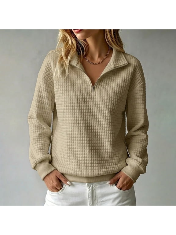Womens Solid Color Waffle Texture Quarter Zip Stand Collar Long Sleeve Pullover Sweatshirt, Loose No Hood Waffle Weave Quarter Zip Pullover Women, Soft Breathable Top for Fall Winter Spring Khaki